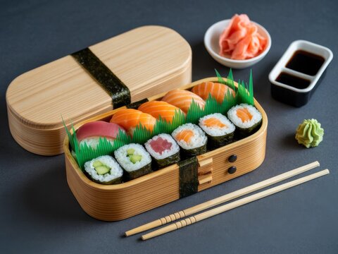 Celebrate International Sushi Day with a vibrant sushi assortment served in a bamboo box with garnishes and sauces