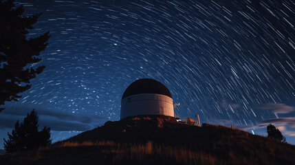 A large observatory dome sits on a hill under a swirling night sky filled with star trails, capturing the rotation of the Earth and the magic of astronomical observation