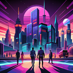 Silhouettes of people in futuristic cityscape digital urban environment vibrant colours skyscrapers neon lights modern city background