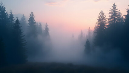 Obraz premium A Photorealistic Landscape of a Mystical Forest at Dawn, Capturing the Ethereal Beauty of Fog-Enshrouded Evergreen Trees at Sunrise, Evoking Tranquility and Wonder