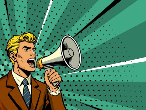 businessman shouting into megaphone