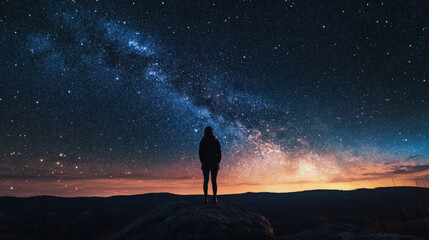 A person stands on a rock, gazing at the Milky Way stretching across a star-filled sky above a glowing horizon, evoking awe and wonder at the universe