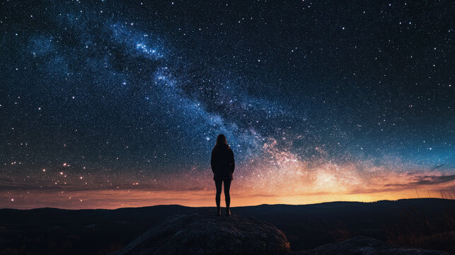 A person stands on a rock, gazing at the Milky Way stretching across a star-filled sky above a glowing horizon, evoking awe and wonder at the universe