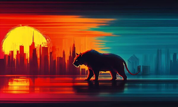 Stylized panther silhouette cityscape sunset