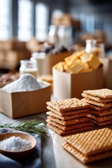 Production process for crackers showcasing colorful varieties and raw ingredients in a bright factory environment