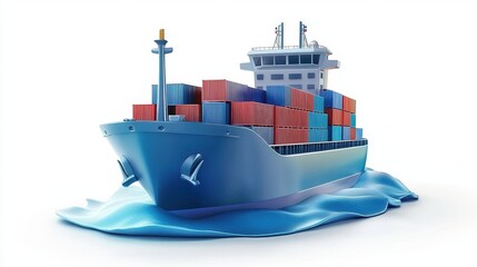 A cargo ship clipart, maritime transport element, 3D illustration, deep blue tones, isolated on white background.