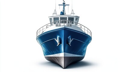 A cargo ship clipart, maritime transport element, 3D illustration, deep blue tones, isolated on white background.