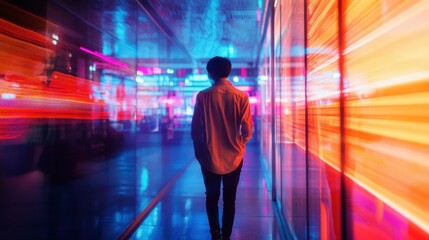 Asian Man Walking Through a Futuristic Corridor with Glowing Neon Light Streaks Along the Walls Giving a Sense of Motion