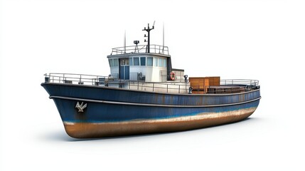 Obraz premium A cargo ship clipart, maritime transport element, 3D illustration, deep blue tones, isolated on white background. 