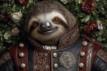 Fototapeta premium Enchanted sloth dressed in royal attire rests among vibrant flowers during a whimsical garden gathering