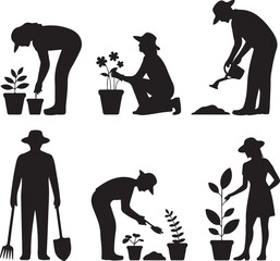 Obraz premium Gardening Tools Silhouette – Planting & Outdoor Hobby ArtGardener Clipart Vector – Rake, Shovel, and Watering CanHome Gardening SVG – Nature and Plant Care DesignBackyard Gardening Silhouette – 