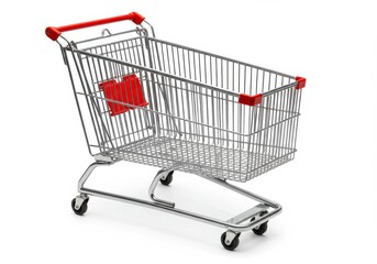Metal shopping cart with red accents isolated on white background