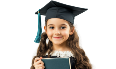 Happy young school graduate wearing a graduation cap, isolated on transparent background