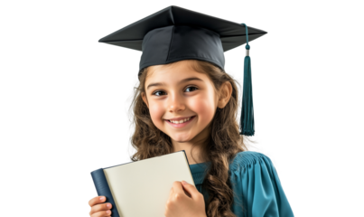Happy young girl wearing a graduation cap and holding books isolated on white background