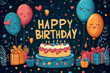 Colorful birthday illustration featuring balloons gifts and a delicious festive decorated cake arrangement