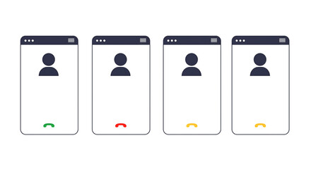 Mobile phone call ui design vector illustration for incoming call accept decline and missed call screens on transparent background