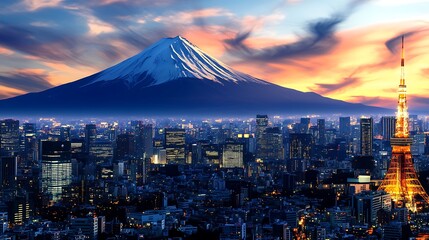 Tower of Tokyo city glowing in twilight sky high resolution picture