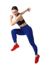 Woman in sportswear exercising on white background