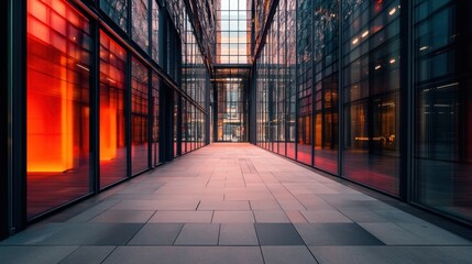 Hallway with Geometric Floor Tiles and Red-Tinted Glass Walls in Modern Architecture Building Complex