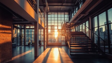 Spacious Loft Interior with Staircase, Sunlight, and Panoramic Cityscape View through Large Windows in Modern Architecture