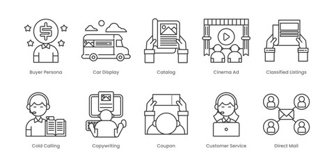 Traditional Marketing  Outline Icons Set – Buyer Persona, Car Display, Catalog, Cinema Ad, Classified Listings, Cold Calling, Copywriting, Coupon, Customer Service, Direct Mail, Editable Stroke.