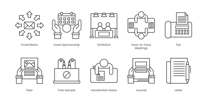 Traditional Marketing  Outline Icons Set – Email Blasts, Event Sponsorship, Exhibition, Face-To-Face Meetings, Fax, Flyer, Free Sample, Handwritten Notes, Journal, Letter, Editable Stroke.
