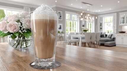 Delicious Latte Coffee Drink in Glass on Wooden Table in Modern Kitchen Interior