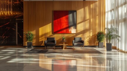 Interior lobby area with seating, potted plants, marble floor, wood walls, and large abstract painting for hospitality architecture