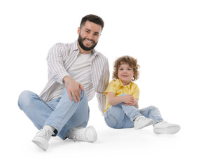 Happy father and his son on white background
