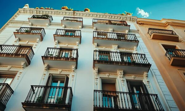Elegant European City Building with Balconies Framed Against a Bright Blue Summer Sky