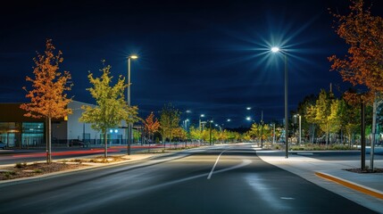 Empty roadway illuminated by streetlights at dusk with leaf color changing on trees showing car light trails through the evening