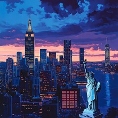 Urban city skyline of Chicago with evening glow high resolution picture