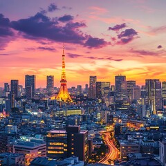 Naklejka premium Urban glow of Tokyo at sunset with skyscrapers high resolution picture
