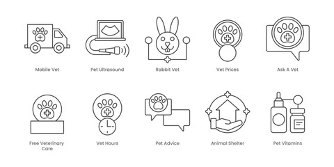 Veterinary  Outline Icons Set – Pet Boarding, Ask A Vet, Free Veterinary Care, Pet Ultrasound, Rabbit Vet, Vet Prices, Animal Shelter, Pet Advice, Pet Vitamins, Vet Hours, Editable Stroke.