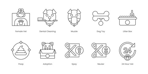 Veterinary  Outline Icons Set – Scale, Dental Cleaning, Dog Toy, Litter Box, Muzzle, Adoption, Neuter, Poop, Spay, 24 Hour Vet, Editable Stroke.