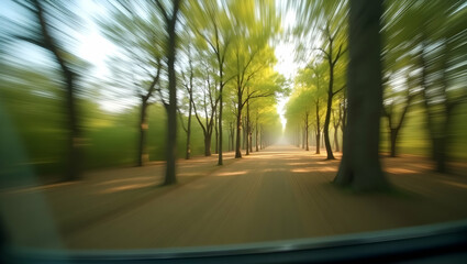 Dreamy Forest Path, An Abstract Journey Through Trees with Ethereal Motion Blur, Evoking Tranquility and the Essence of Nature's Dynamic Beauty in a Unique Perspective