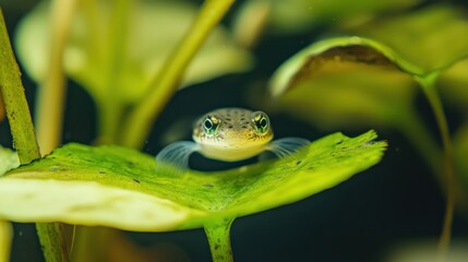 Tadpole hiding behind floating leaves