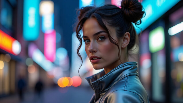 A young woman stands confidently in a city, her gaze locked on the camera. The bokeh lights of the city create a beautiful backdrop for her, emphasizing her confidence and coolness.