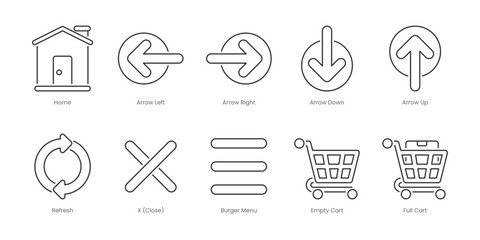 Web Outline Icons Set – Arrow Left, Home, Arrow Down, Arrow Right, Arrow Up, Burger Menu, Empty Basket, Empty Cart, Full Basket, Full Cart, Editable Stroke.