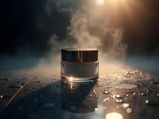 Elegant skincare jar presentation showcasing luxury and sophistication with a mysterious, illuminating ambiance and a sleek design, suitable for cosmetic campaigns