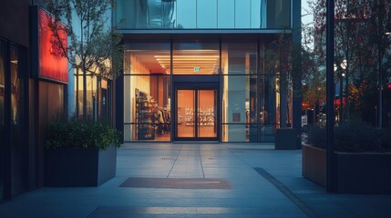 Exterior view of modern store facade and entrance at dusk, featuring glass windows and contemporary planters along the sidewalk.
