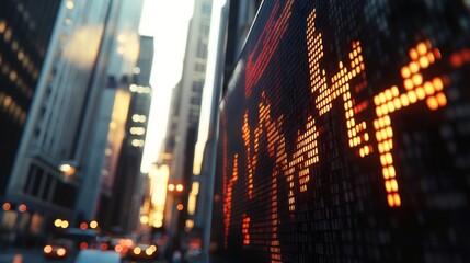 Fototapeta premium Urban cityscape backdrop showcasing a digital financial display.