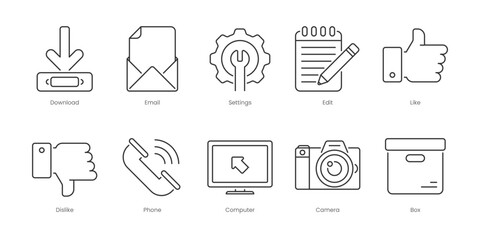 Web Outline Icons Set – Email, Like, Link, Settings, Target, Upload, Box, Camera, Computer, Edit, Editable Stroke.
