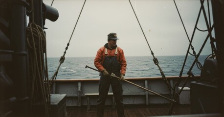 Vintage Polaroid of a determined harpooner aboard a weathered whaling ship