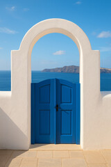 Blue arched doorway with ocean view in Mediterranean setting © Minimalist products