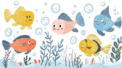 Fototapeta premium Vibrant cartoon fish frolic among underwater greenery.