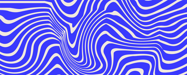 Blue wavy lines abstract background. Trendy psychedelic retro style backdrop. Waves, swirl and twirl pattern. Twisted distorted vector texture.