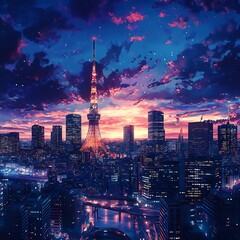 Urban sunset with city skyscrapers in Chicago skyline high resolution picture