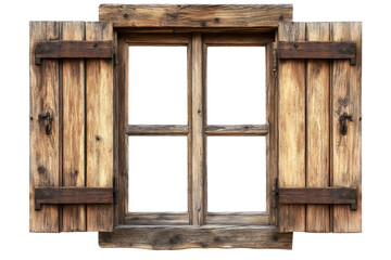 Isolated Wooden Window with Open Shutters
