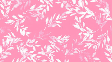 Fototapeta premium White botanical leaf pattern on vibrant pink background with elegant hand-drawn texture